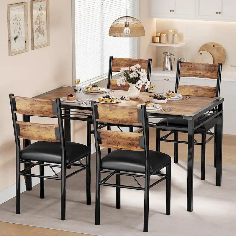 Dining Table Set, Wood Kitchen Table with Upholstered Chairs