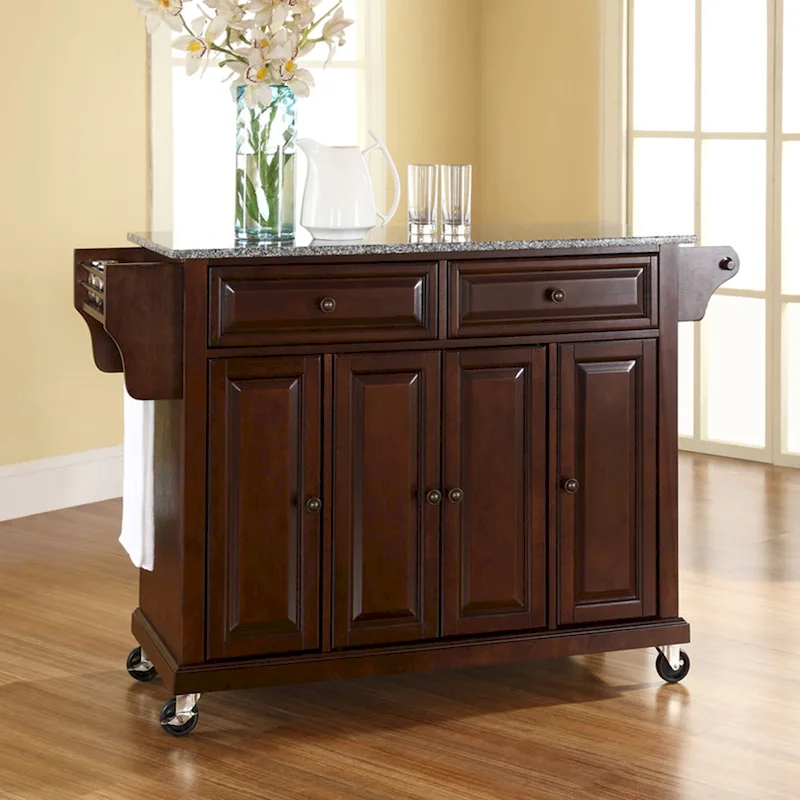 Brown Mahogany Kitchen Cart with Gray Granite Top & Storage, Mobile