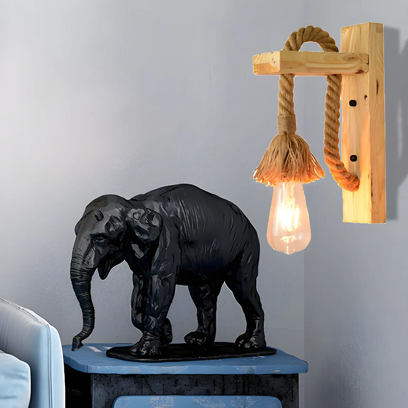 Industrial Rustic Wooden Rope Wall Sconce Lamp for Bedroom