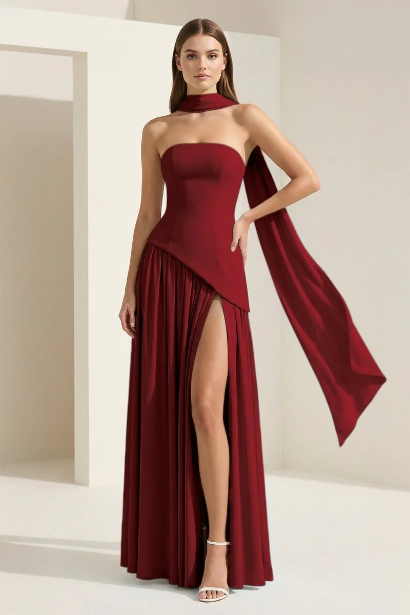 Pink - Strapless Sheath Chiffon Long Prom Dresses With Slit