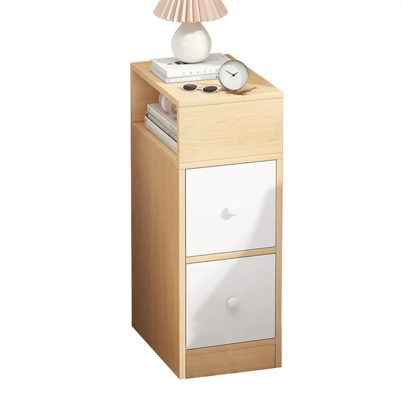 Wood Finish White Narrow Length Multi-Drawers Nightstand