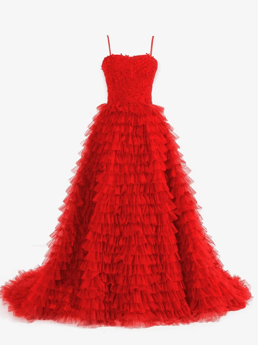Red A-Line Tiered Sequins Tulle Long Prom Dress