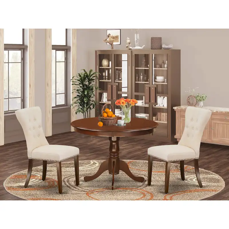 East West Furniture 3 Piece Dining Table Set- a Kitchen Table with Pedestal and 2 Linen Fabric Parsons Chairs(Finish Options)