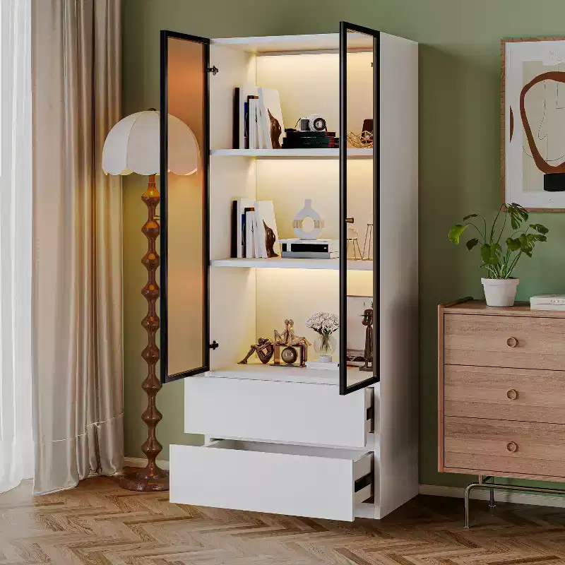 ATJafurn 23.6 White Display Cabinet with Drawers, Modern Glass Wooden Storage Liquor Case for Collectibles, China Hutch for Living Room Dining Room