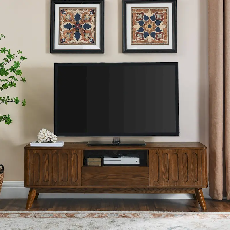 Fluted TV Stand for 65 inch TV,Entertainment Center with Storage,Wood Media Console, Accent Table,2 Door,1 Drawer,Wood Leg