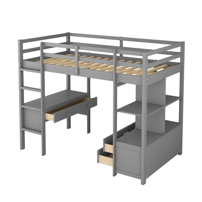 Pine Loft Bed with Built-in Desk & Drawers