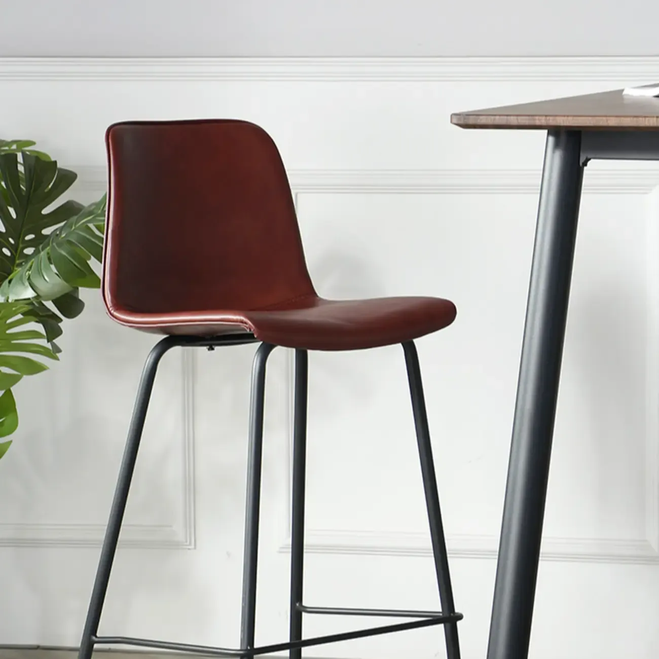 Industrial Metal Frame Leather Bar Stool with Footrest
