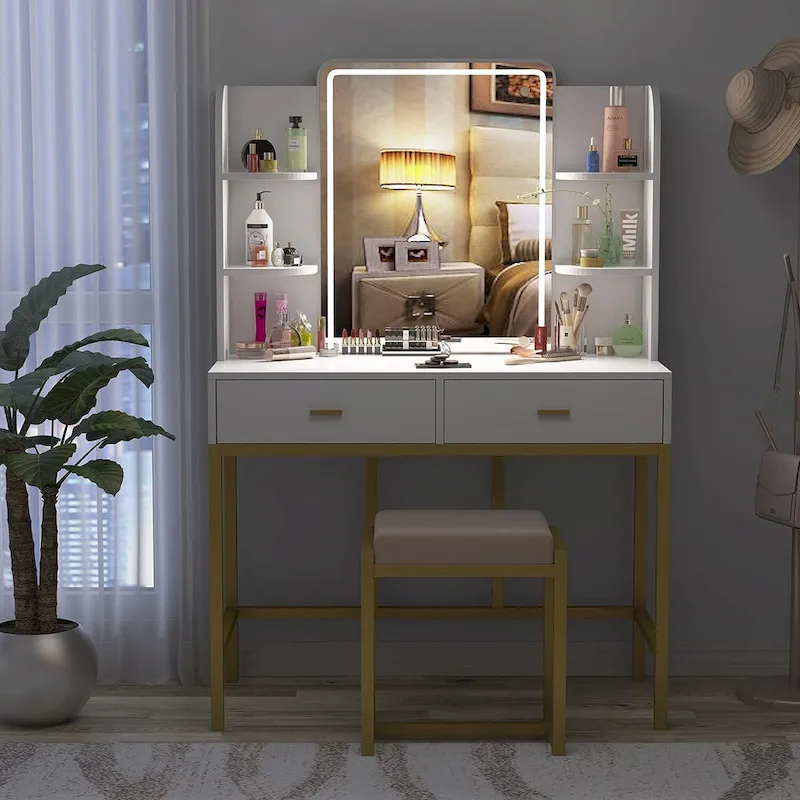 White Vanity Table with LED Mirror and Cushioned Stool