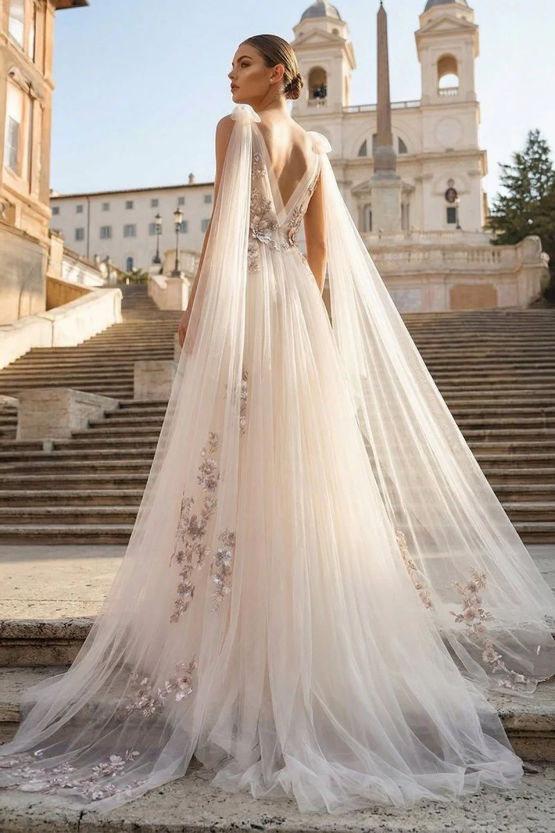 A-line Tulle Embroidery Deep-V Neck Floor-Length Prom Dresses