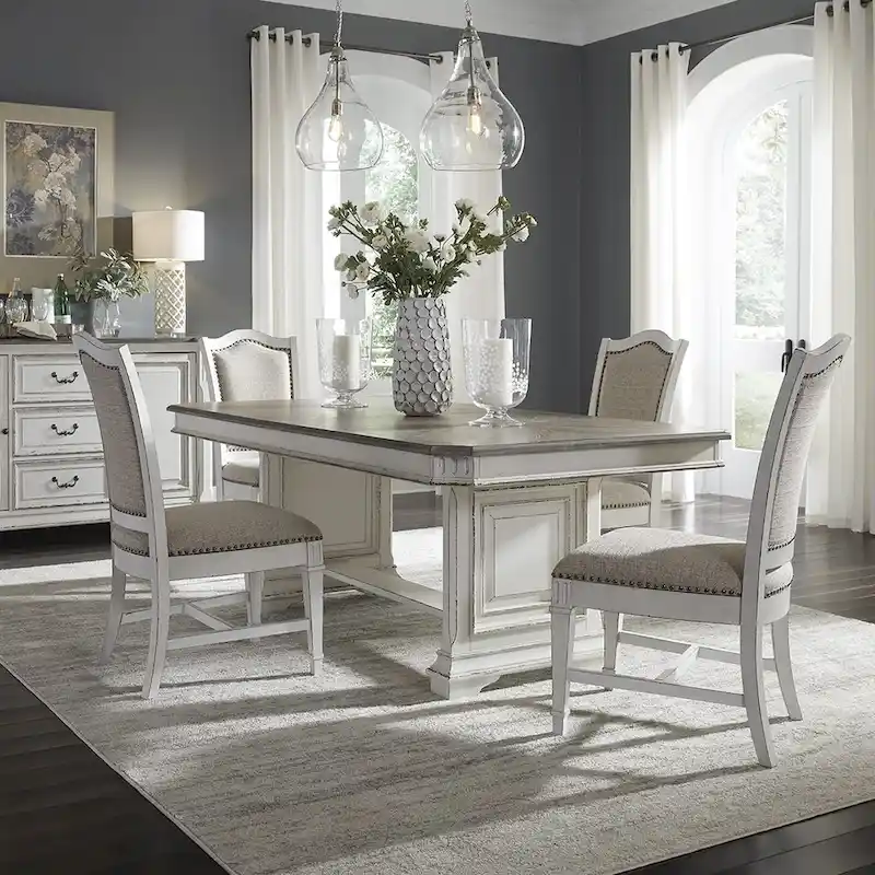 Abbey Park Weathered Brown & Antique White 5 Piece Trestle Table Set