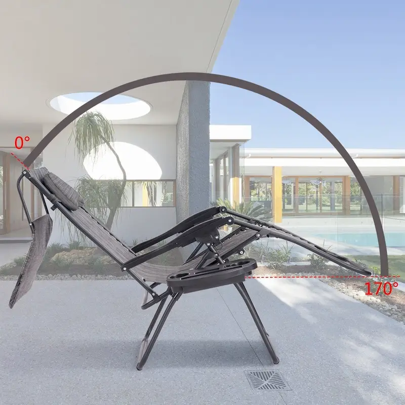 Grey Folding Outdoor Recliner Lounge Chair with Shade Canopy and Cup Holder – 1 Person