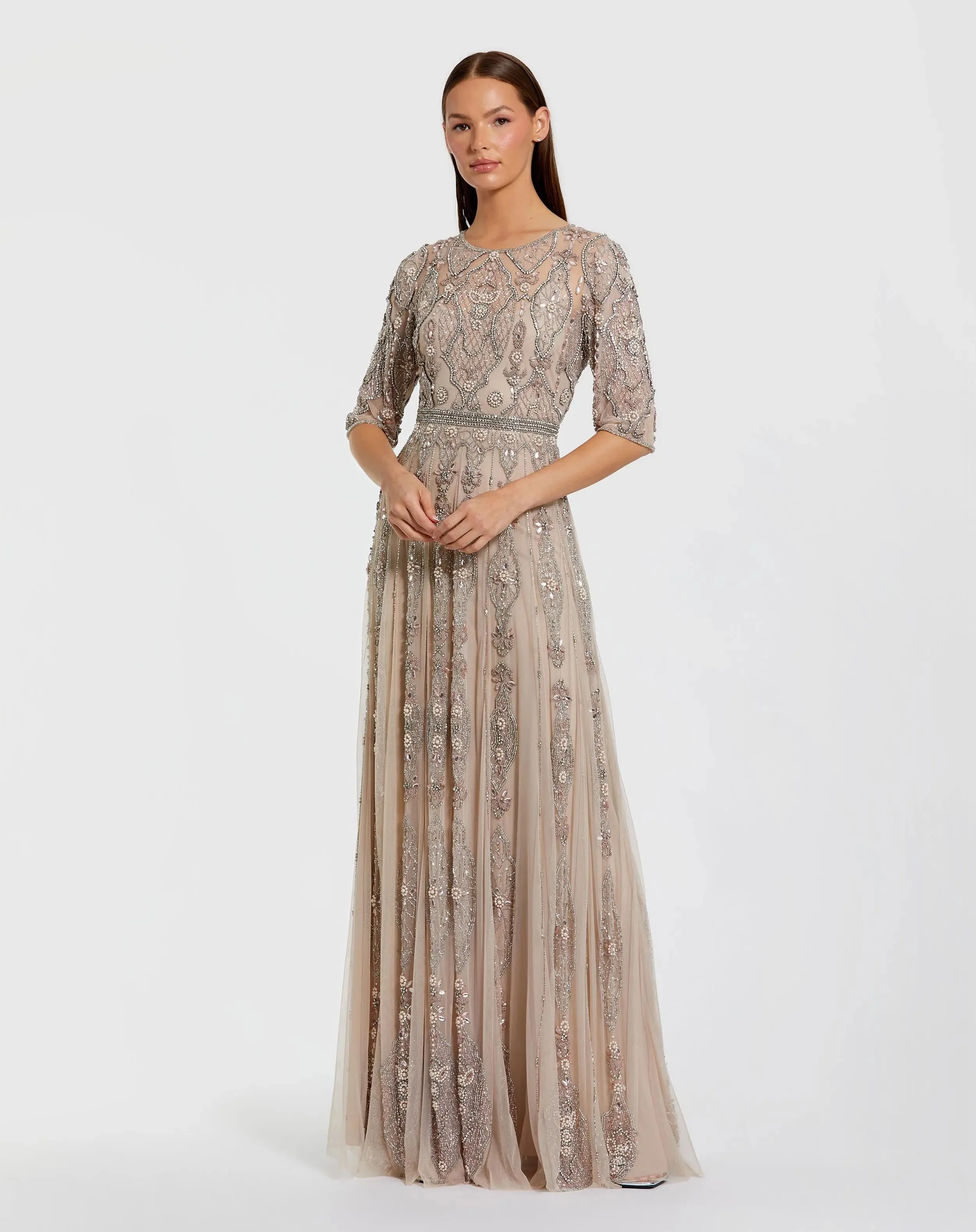 Beige 3/4 Sleeve Embellished A-line Gown