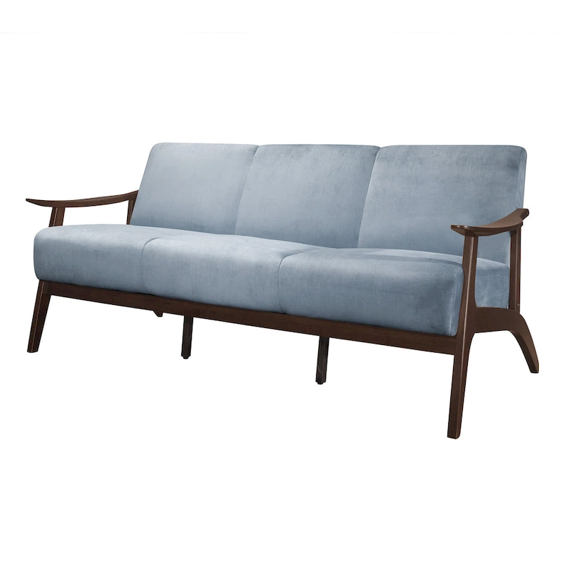 Rica 73 Inch Sofa, Soft Blue Gray Velvet, Walnut Brown Solid Rubberwood