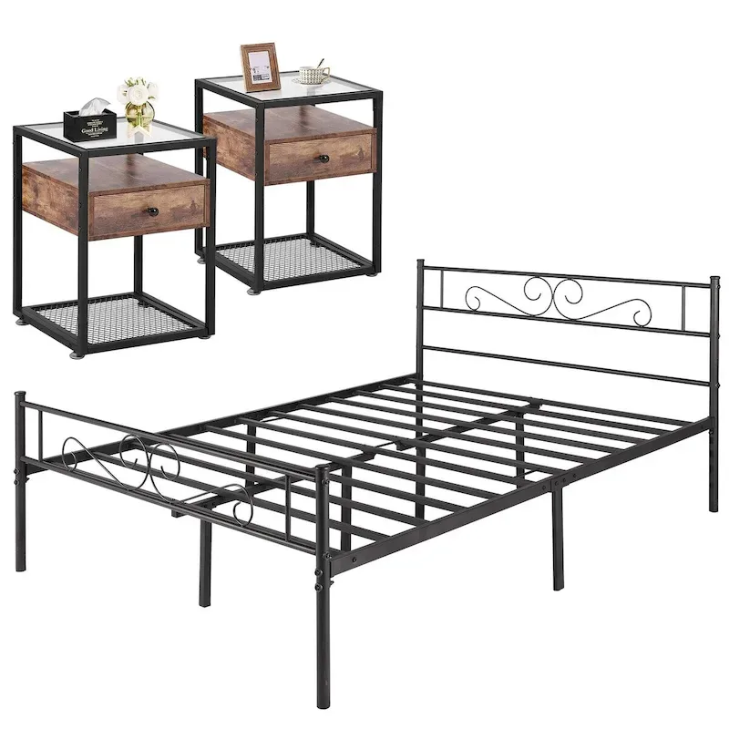 3-pieces Platform Bed Frame and Glass Top Nightstands Set of 2