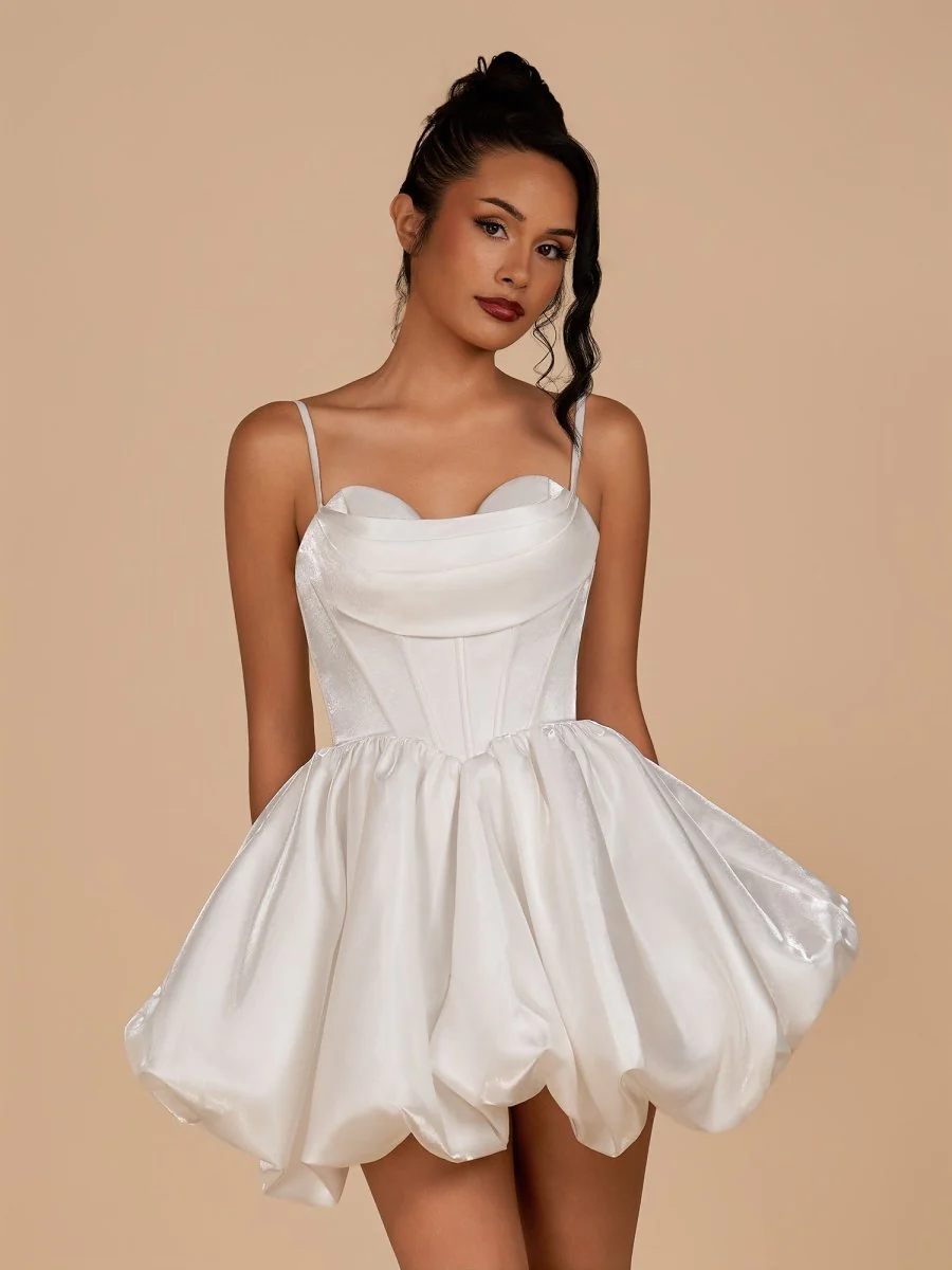 White - A Line Bubble hem Satin Corset Sweetheart Homecoming Dresses