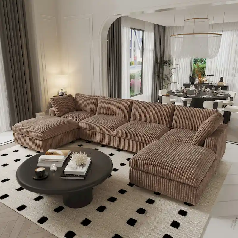 Beige 6-Seat U-Shape Modular Sectional Sofa with Cushions