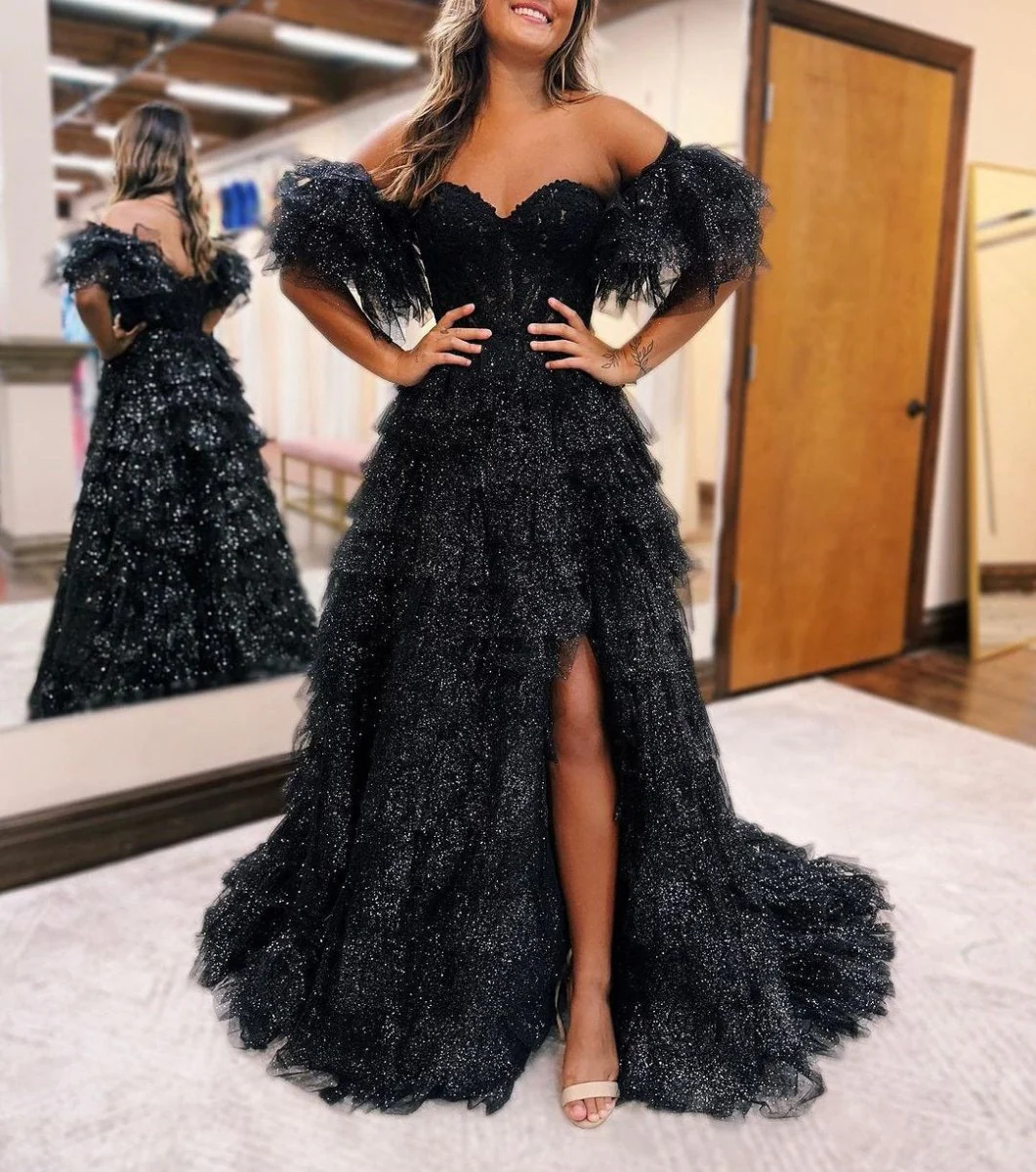 A line Off-the-Shoulder Glitter Tulle Prom Dress with Slit