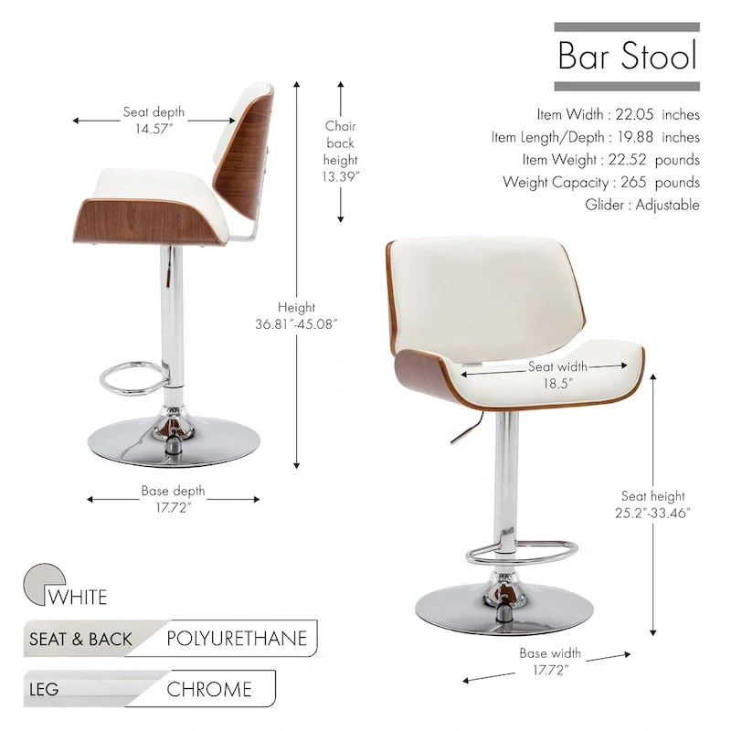Adjustable Bar Stool, PU Leather, Chrome Base – Black/White/Red/Brown, Single