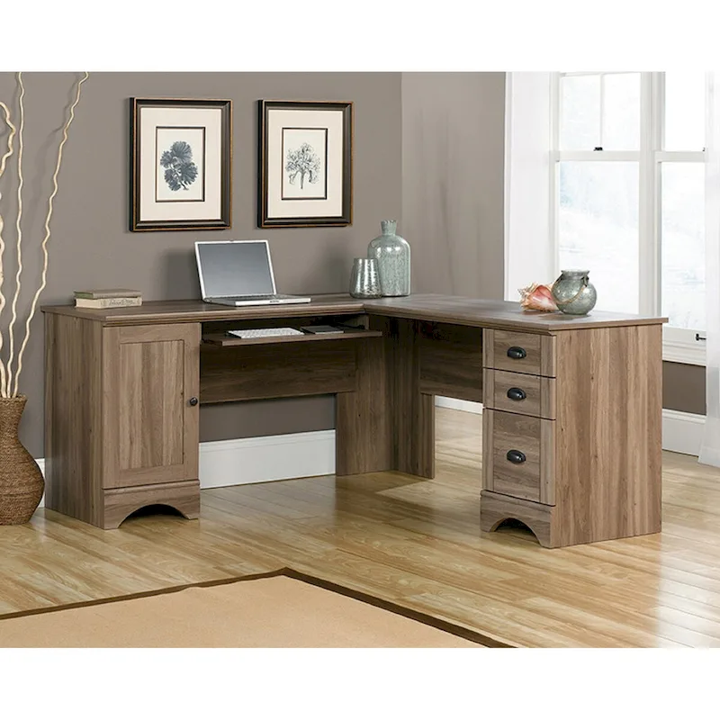 Grey Wood Finish L-Shaped Corner Office Desk with Keyboard Tray, File Drawer and CPU Storage – 1-Person
