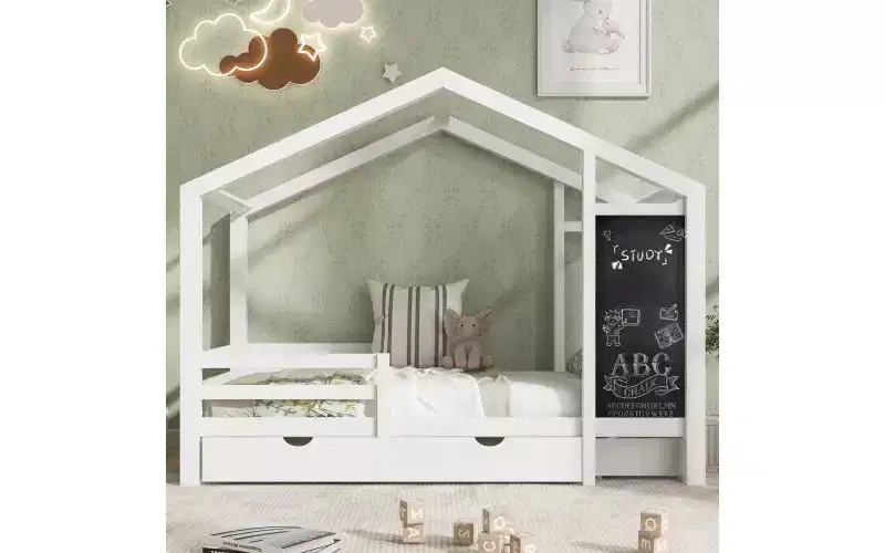 House Bed Frame With Roof, Twin Size Floor Beds, Fun Playhouse Bed Frames With Blackboard And Drawers, 2 Assembly Options For Toddlers Home Bedroom