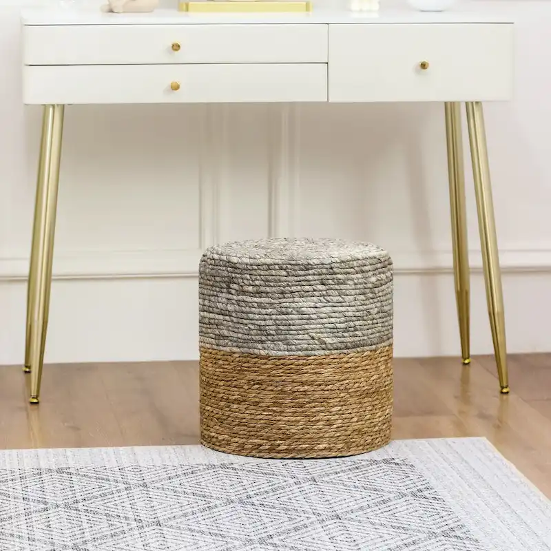 Adeco Round Ottoman Natural Cattail Hand Weave Foot Stool