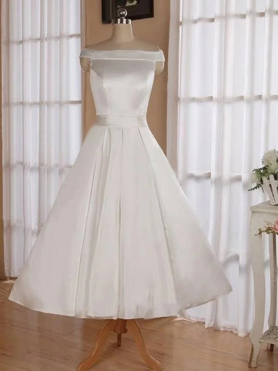 Sleeveless Tea-Length Satin Wedding Dress With Sash And Off-The-Shoulder Neck