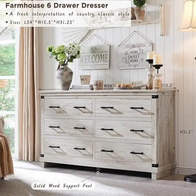 Farmhouse 6 Drawers Dresser, Wood Chest of Drawers, Closet Dresser