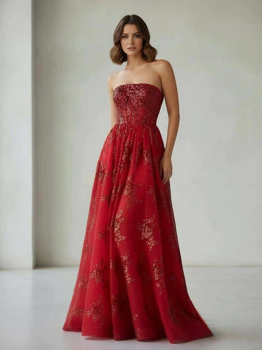 Red - A Line Strapless Pleating Long Prom Dress With Applique