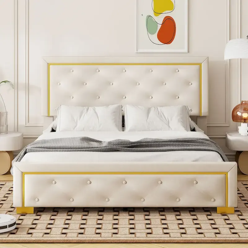 Queen Size Upholstered Platform Bed With Pull Point Headboard