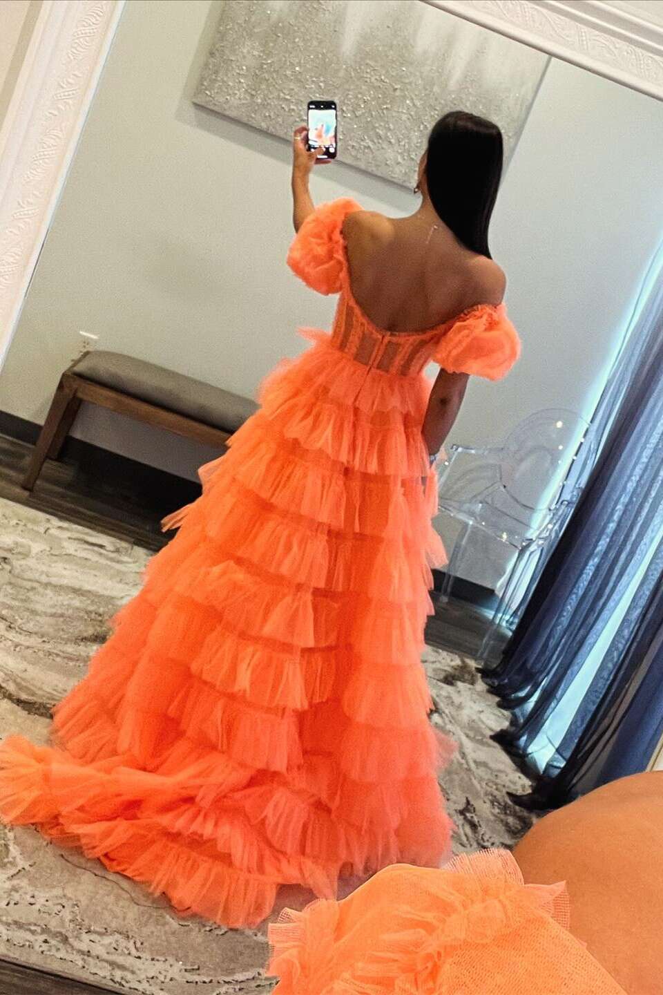 A-line Off-the-Shoulder Tulle Prom Dress with Slit