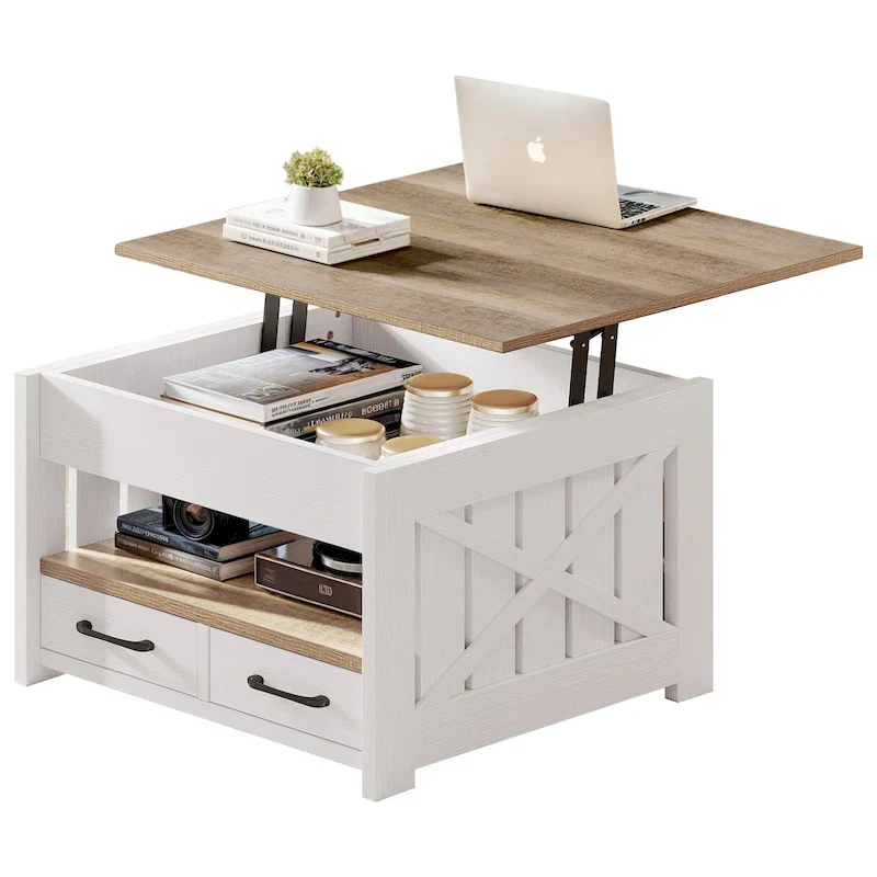Grey Top/White Farmhouse Lift-Top Coffee Table with Storage