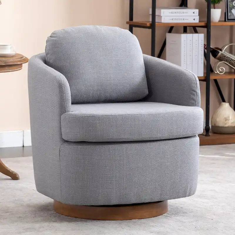 Light Blue Modern 30.3 Upholstered Swivel Accent Chair with Soild Wood Round Brown Base