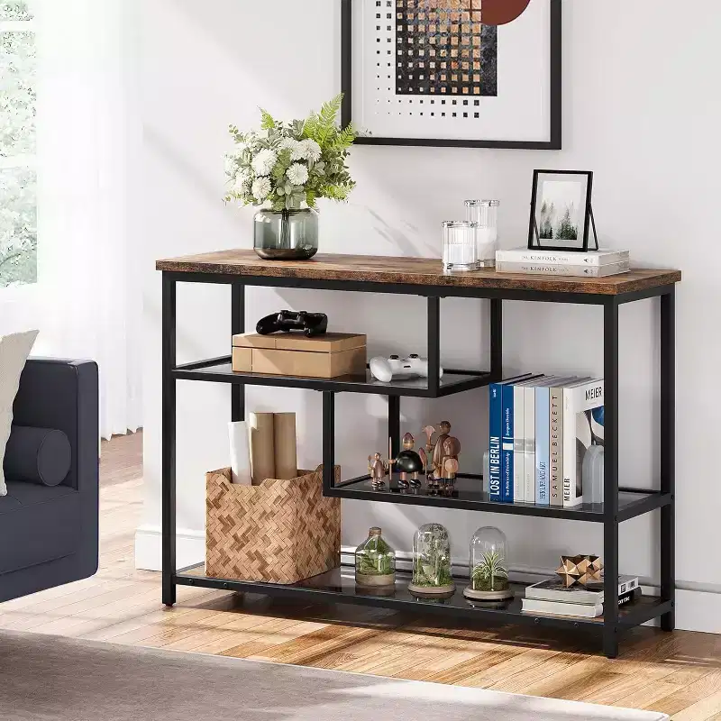 39.4 Narrow Sofa Table with 4 Tiers Storage Shelf Entryway Table, for Living Room, Foyer, Hallway, Entrance, Rustic Brown