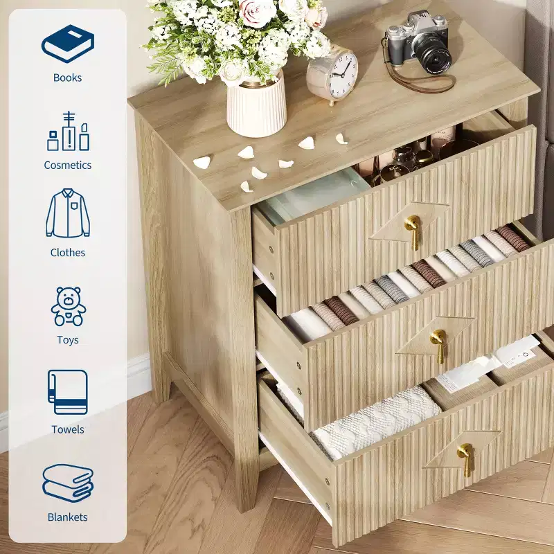 Fluted 3 Drawers Dresser, 2pcs Chest of Drawers with Metal Handle, Wooden Dresser Organizer for Bedroom, Living Room, Hallway, Entryway, Natural