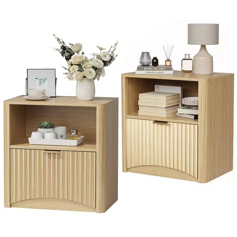 Fluted Design | 23 Inch Oak Bedside Table  Waterproof Wooden Modern Bedside Table with Drawer & Storage  Bedroom Furniture  Light Oak Color 2pcs