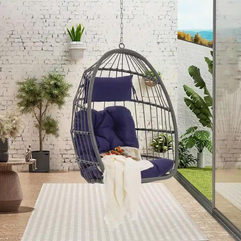 Outdoor Grey Wicker Foldable Swing Hammock Hanging Egg Basket Chair