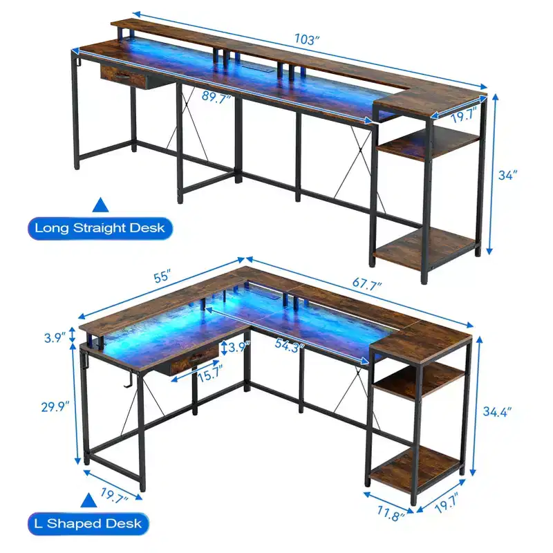 68 inch Gaming Desk, with Power Outlets and Monitor, Corner Computer Desk, Home Office Desk, for Home, Office, Living Room