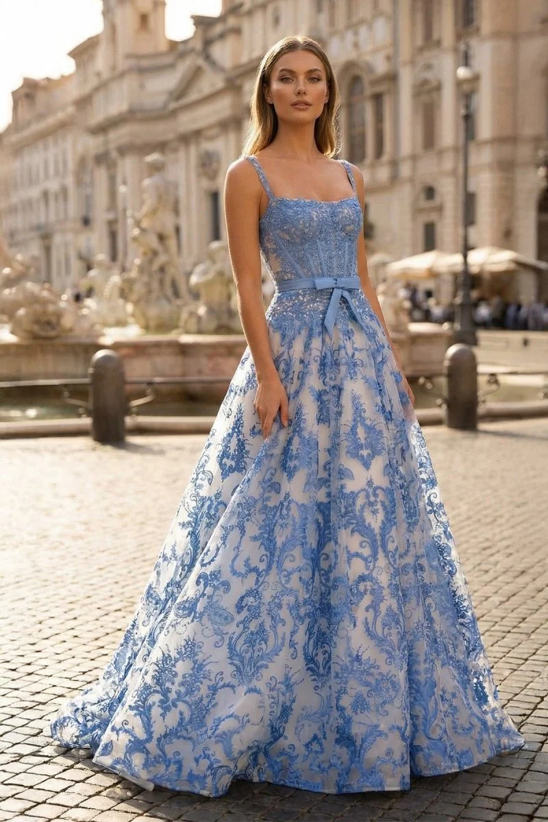Blue A Line Square Neck Tulle Applique Long Prom Dresses with Lace Appliques