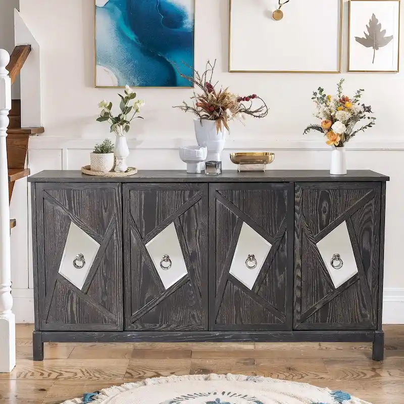 Modern 4-Door Cabinet Sideboard Buffets with Mirrored Decorative Doors