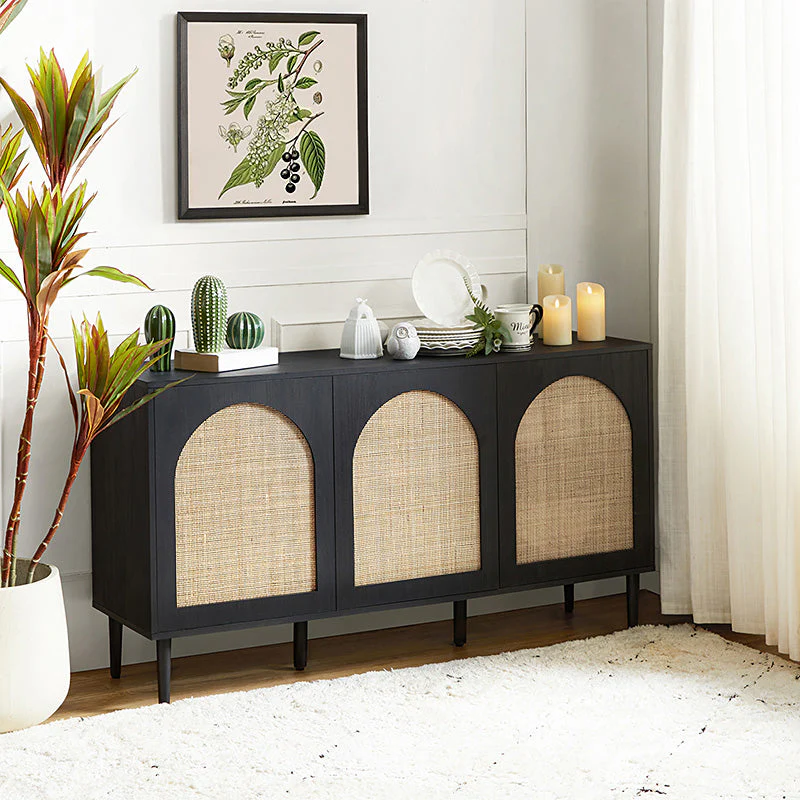 56 in 3-Door Rattan Sideboard with Adjustable Shelves & Solid Wood Legs | Black / Oak / Walnut / White | Single