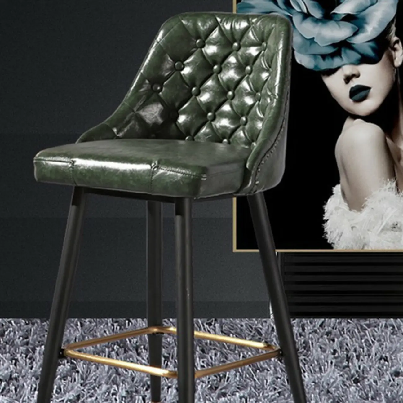 Glam Tufted Green Leather Seat Curved Back Counter Bar Stools