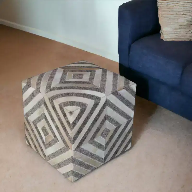 HomeRoots 18 Gray and Beige Hair on Hide Cube Geometric Pouf Ottoman