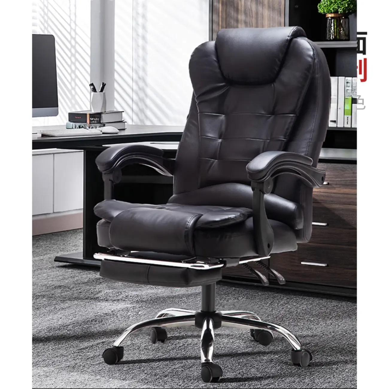 Executive Ergonomic Black Leather Swivel Reclining Office Chair