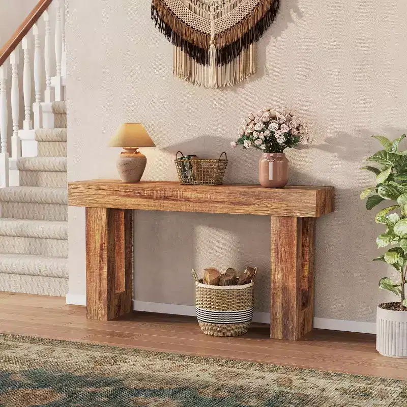 Acekool 63 Inch Long Console Table for Entryway, Narrow Sofa Table Behind Couch, Farmhouse Industrial Oak Accent, Brown