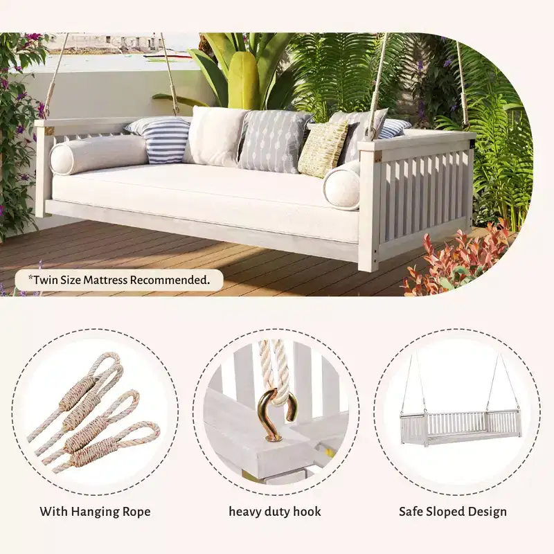 Minimalist Twin Size Garden Swing Bed with Acacia Wood and Ropes for Outdoor Living