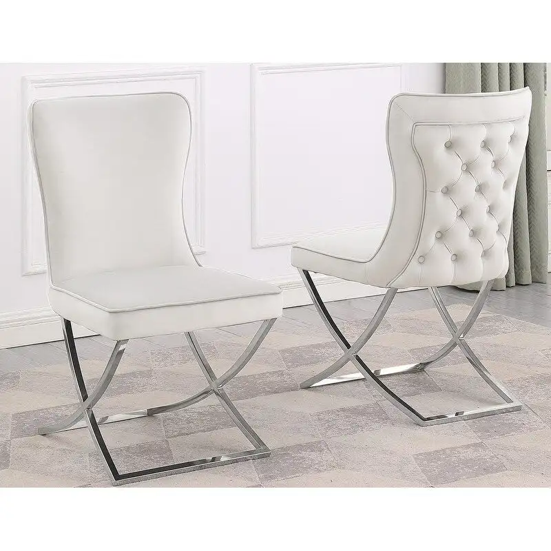 Velvet Tufted Side Dining Chairs Set of 2 – Gold/Silver Metal Legs, Beige/Grey Upholstery