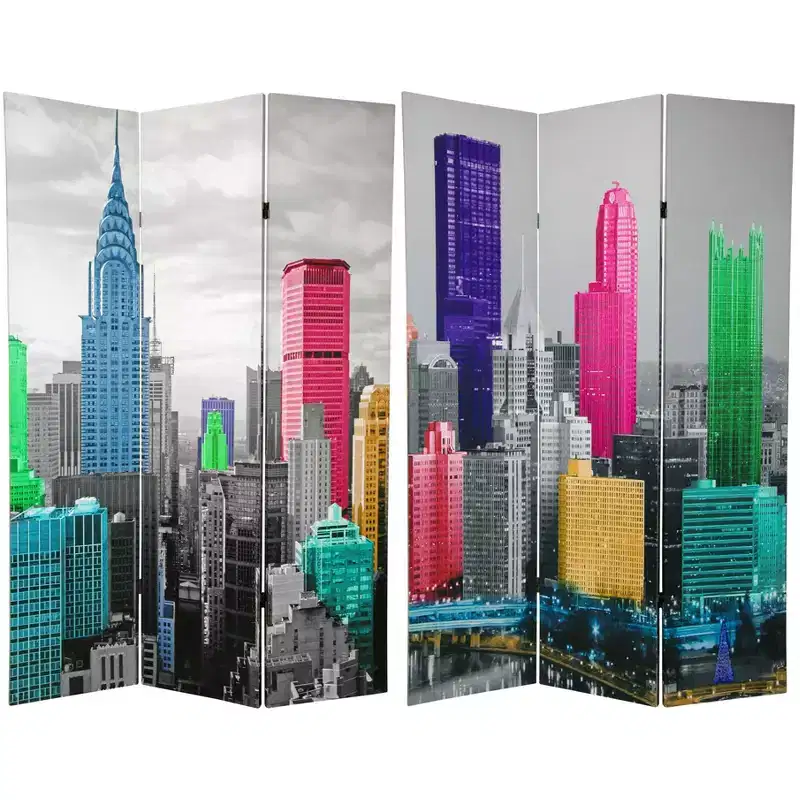6" Colorful New York Scene Room Divider Blue/Gray - Oriental Furniture