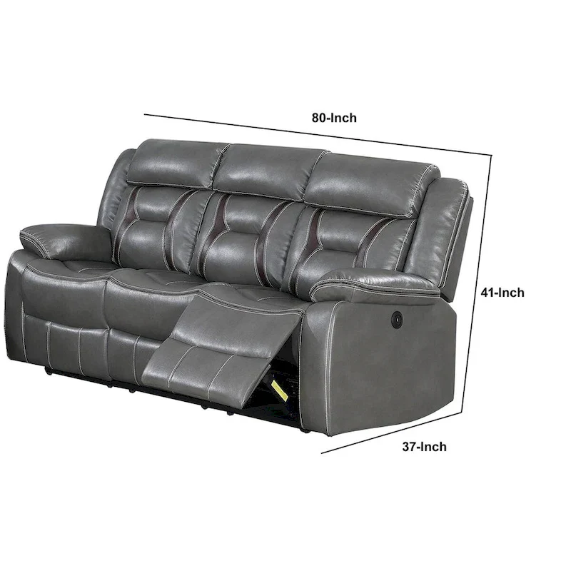Leatherette Power Motion Sofa with Contrast Stitching, Gray