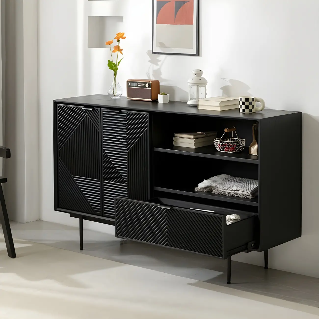 Geometric Black Wooden Sideboard with Drawer & Cabinet