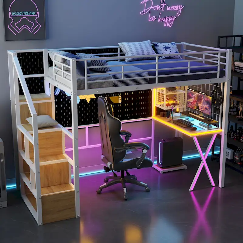 White Metal Loft Bed with Desk, Wardrobe & LED Lights, Twin/Full, 1-Person